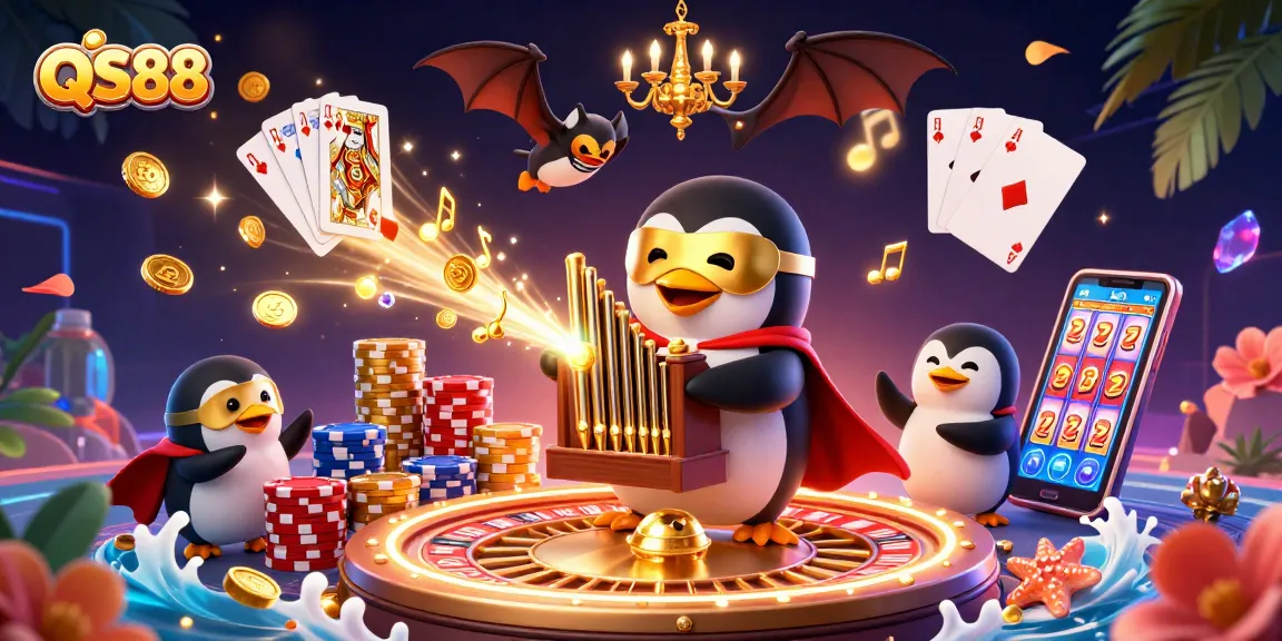 Experience the casino excitement at QS88 with a vibrant scene of gaming elements and lively characters.