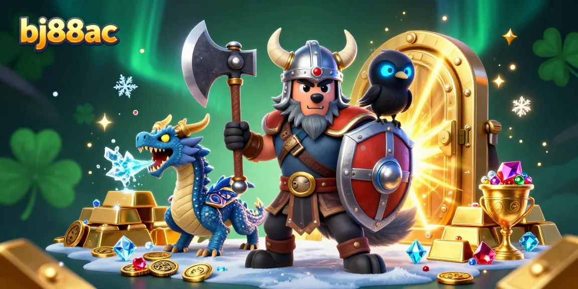 Bets with bj88ac while exploring treasure in a dynamic 3D casino illustration featuring a Viking wolf and dragon.