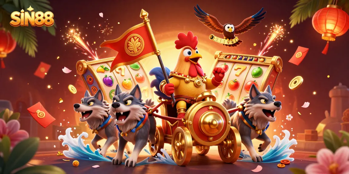 SIN88 showcases a vibrant 3D rooster warlord in a golden chariot amid slot reels and confetti-filled celebration