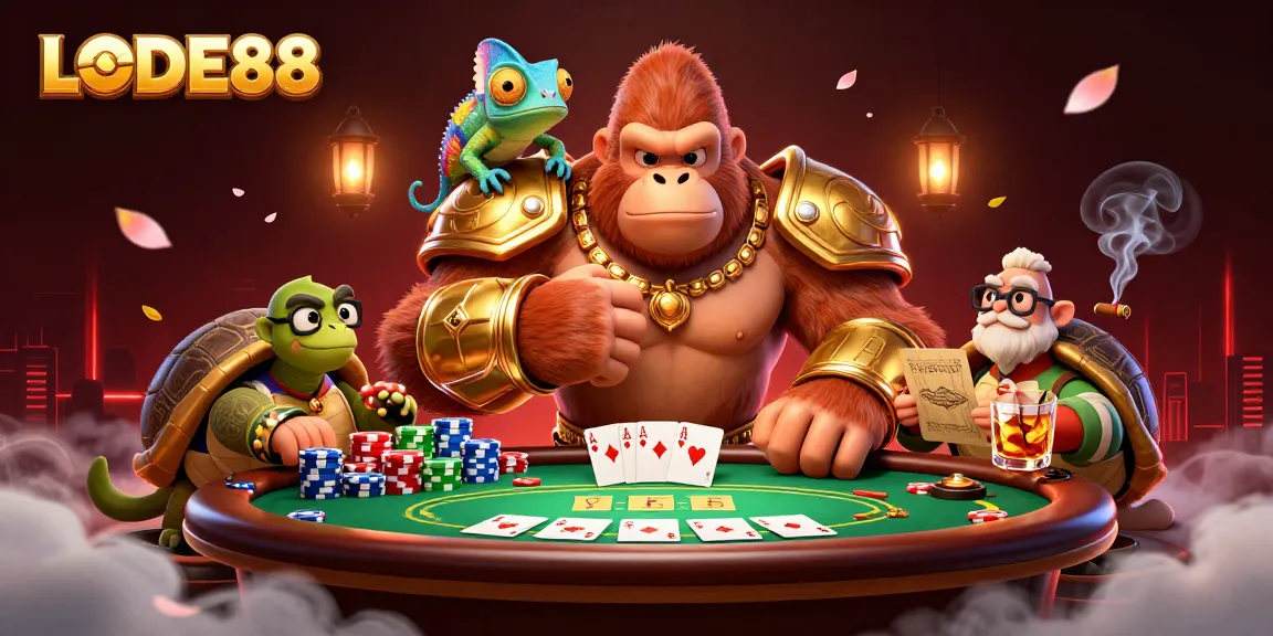 Experience the thrill of LODE88 as an armored gorilla king battles at the poker table with friends.