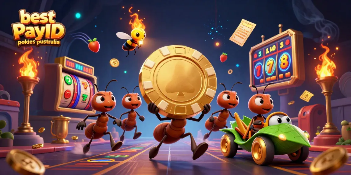 Play the best PayID pokies Australia with ants on a heist carrying a golden chip in this vibrant scene.
