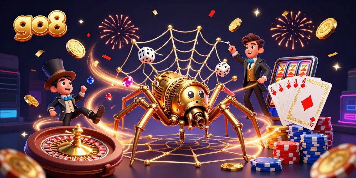 Experience thrilling gameplay at go8 with a steampunk spider trapping dice, surrounded by gold coins and roulette.