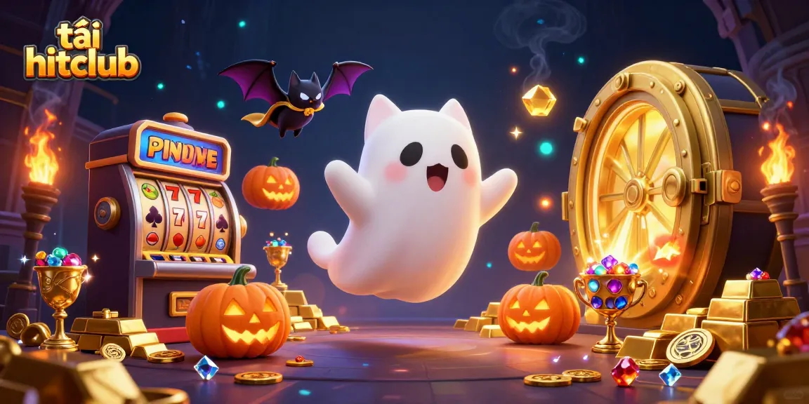 tải hitclub floats in a vibrant haunted casino scene, surrounded by glowing treasures and slot reels.