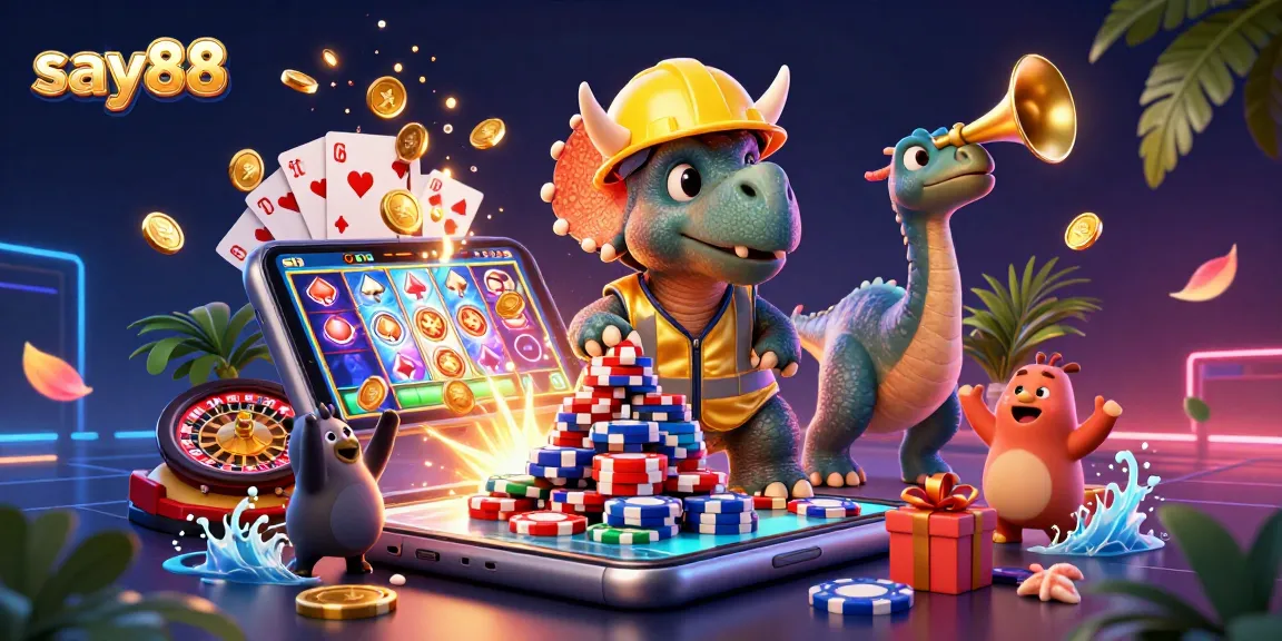 Experience exciting gameplay at say88 with a cheerful 3D triceratops and vibrant casino elements!