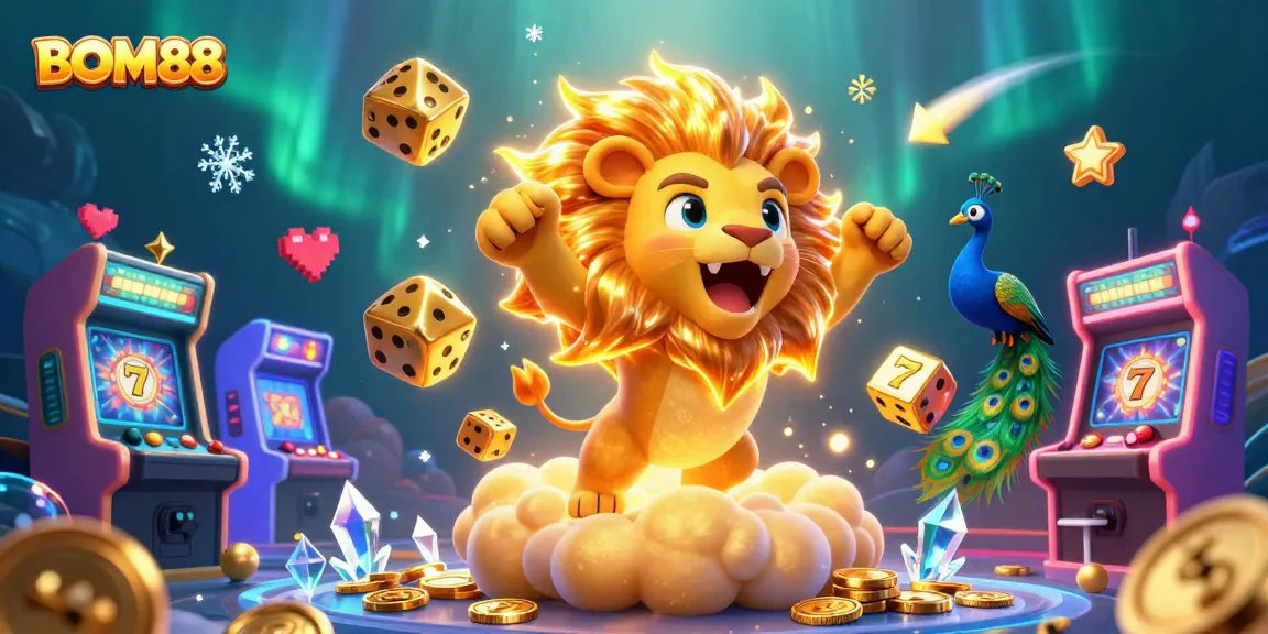 Experience excitement with BOM88 as the vibrant 3D casino scene bursts with colorful slot machines and golden dice.