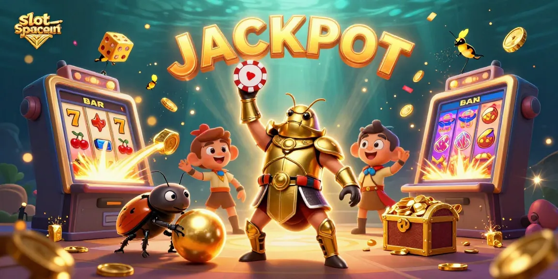 Experience excitement with slot spaceman as cartoon characters celebrate a jackpot victory in casino-themed art.