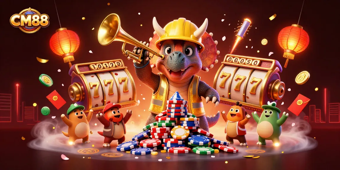 CM88 celebrates a vibrant casino scene with a triceratops building poker chips amidst joyful characters and festive elements.