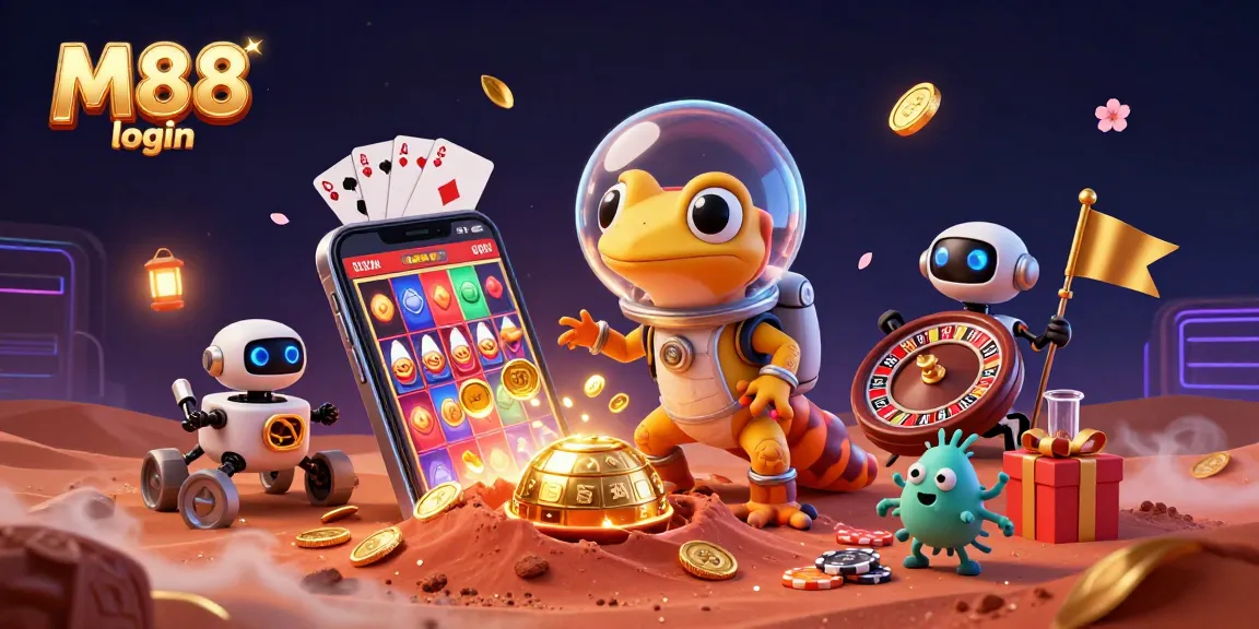 M88 login to discover a vibrant casino scene featuring alien characters and gambling elements.