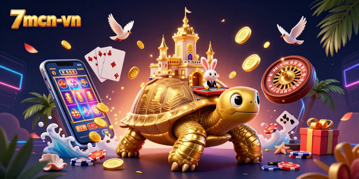 Experience thrilling gameplay at 7mcn-vn with a fantastical casino scene featuring a golden tortoise and vibrant slot games.
