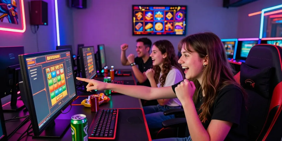 Excited group playing bonus buy slots in a vibrant gaming environment, showcasing the social aspect of online casinos.