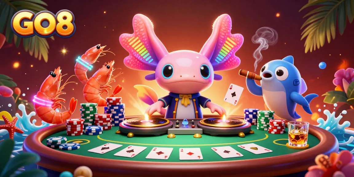 Engage with GO8's vibrant casino atmosphere featuring dynamic characters and rich poker elements.