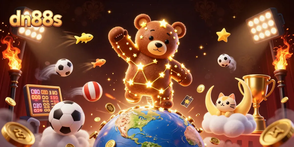 Engage with dynamic sports betting excitement at dn88s, watching the golden constellation bear scoop coins while sports elements fly around.
