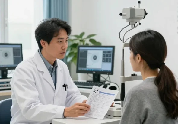 福井 icl おすすめ consultation with an expert ophthalmologist in a modern eye clinic, showcasing advanced technologies.