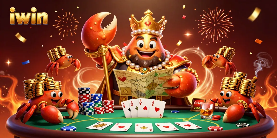 Play exciting poker at iwin with a vibrant golden crab emperor among chips.