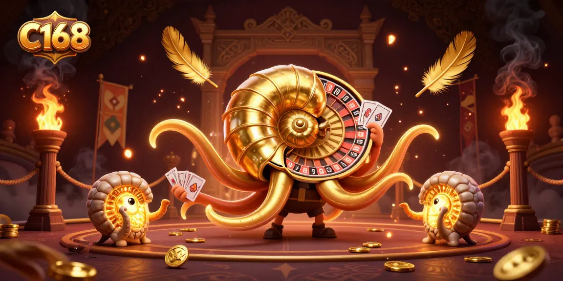 C168 showcases a giant nautilus holding cards at a vibrant casino scene with glowing elements and gold.