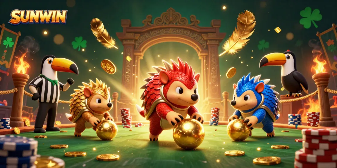 SUNWIN celebrates a thrilling duel between cartoon pangolins in a vibrant casino scene filled with golden tokens and rich details.
