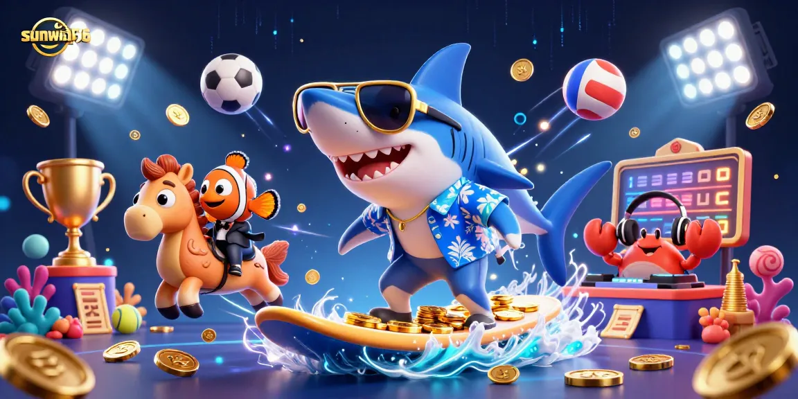 Experience the excitement of sunwin56 with a vibrant 3D casino scene featuring dynamic characters and gold coins.