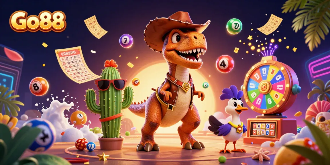 Engage with vibrant Go88 slot adventure featuring a cowboy dinosaur and lucky symbols.