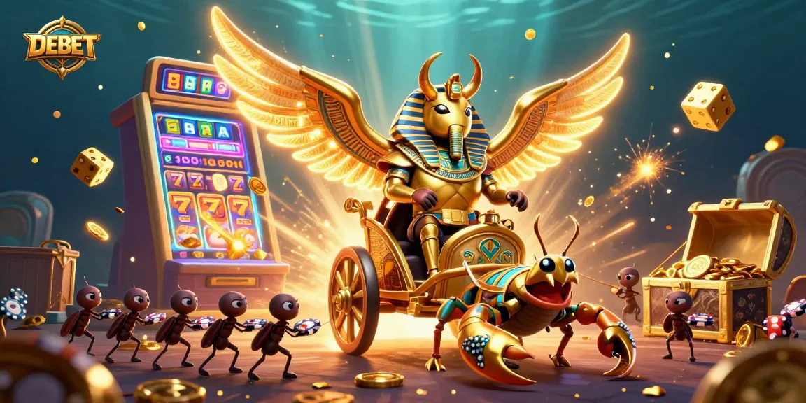 Spin the reels with DEBET's adventurous 3D digital illustration showcasing slot machines and poker action.