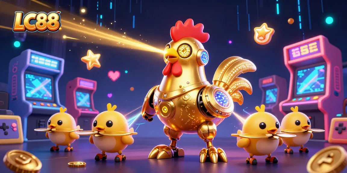 Engage in thrilling games at LC88 with vibrant robots and arcade elements illustrating a dynamic casino experience.