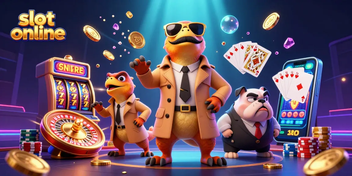 Permainan slot online menarik dengan tiga raptor kartun dalam jaket trench dan elemen kasino lainnya.