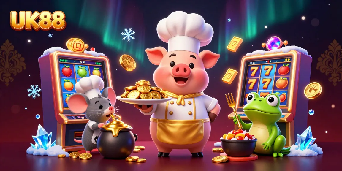 Experience the excitement of UK88 with a chef pig presenting gold coins, surrounded by vibrant slot elements.