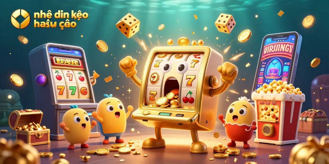 Experience the excitement of nhận định kèo nhà cái with a golden slot machine hitting a jackpot, coins pouring out!
