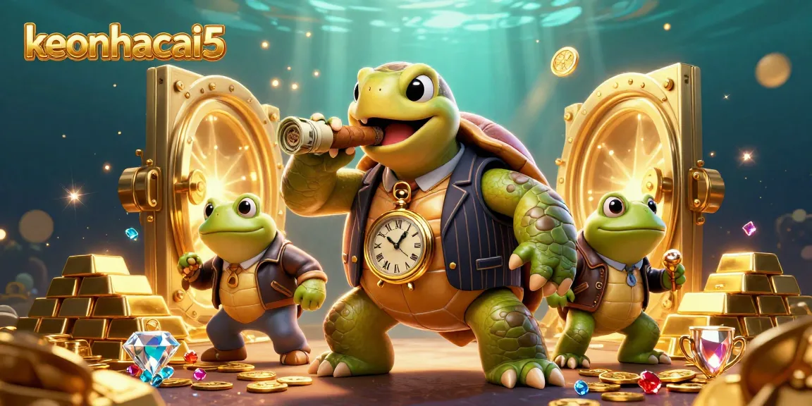 Engage with the vibrant keonhacai5 casino scene featuring a cartoon turtle in a pinstripe suit surrounded by treasures.
