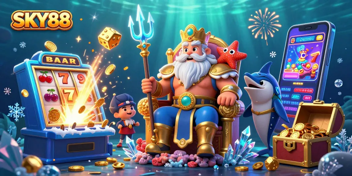 Unleash your luck at SKY88 with Neptune amidst vibrant casino games and treasure.