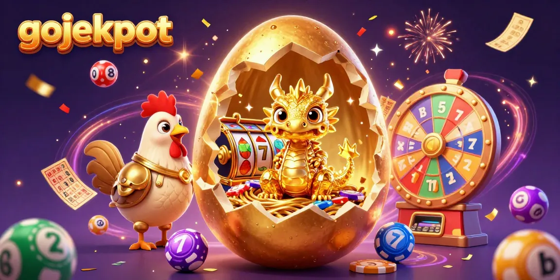 Experience gojekpot excitement as golden dragons, colorful slot reels, and festive lottery elements combine in a vibrant scene.