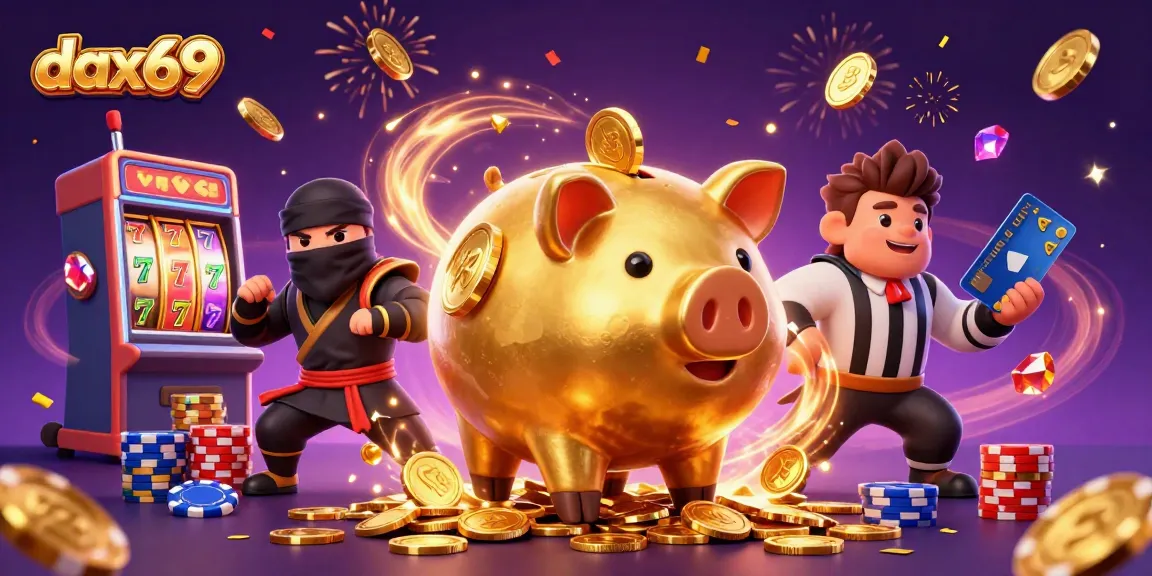 DAX69 menghadirkan suasana seru permainan slot dengan jackpot besar dan kartu permainan di tengah festival gemerlap.