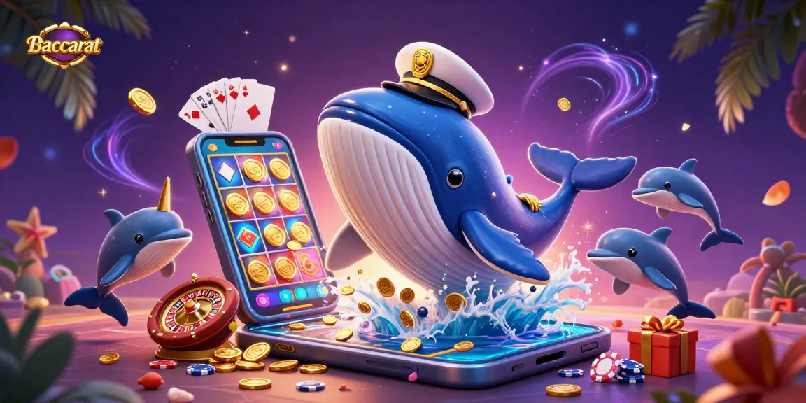 Baccarat card game action with a 3D whale and narwhal amidst coins, showcasing vibrant casino elements.