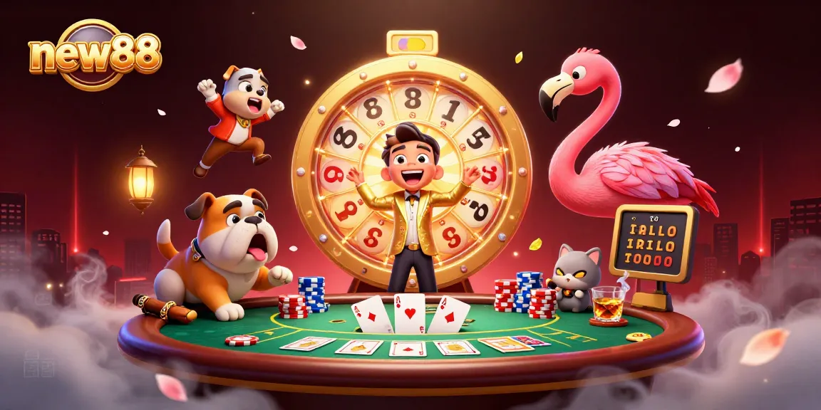 Experience the thrilling games at new88 with our energetic game show scene featuring exciting poker elements!
