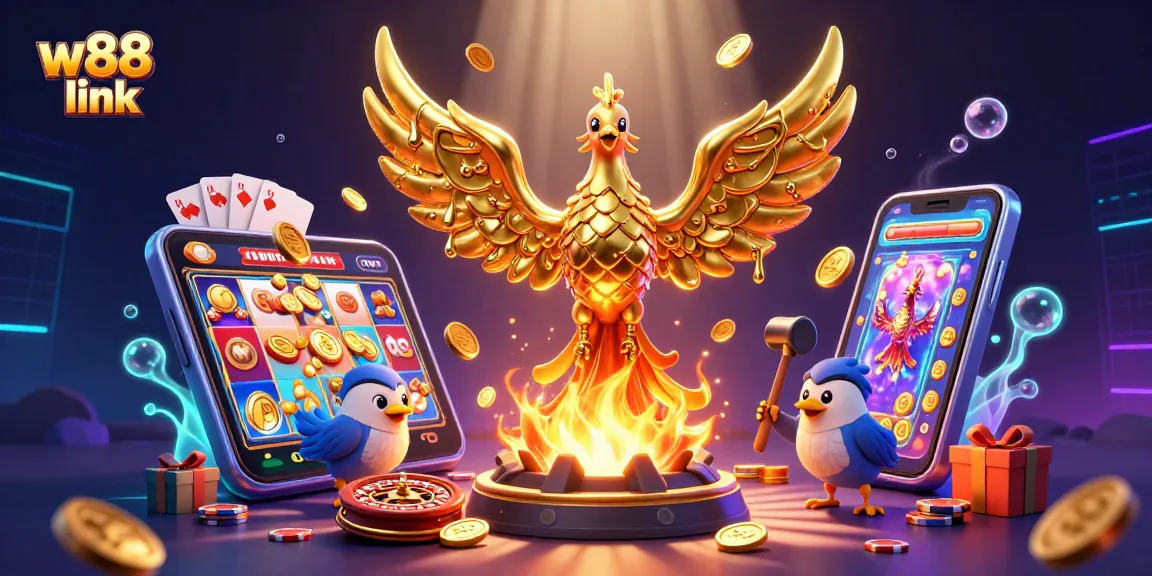 Experience the excitement of w88 link with a vibrant, detail-filled casino-themed illustration.