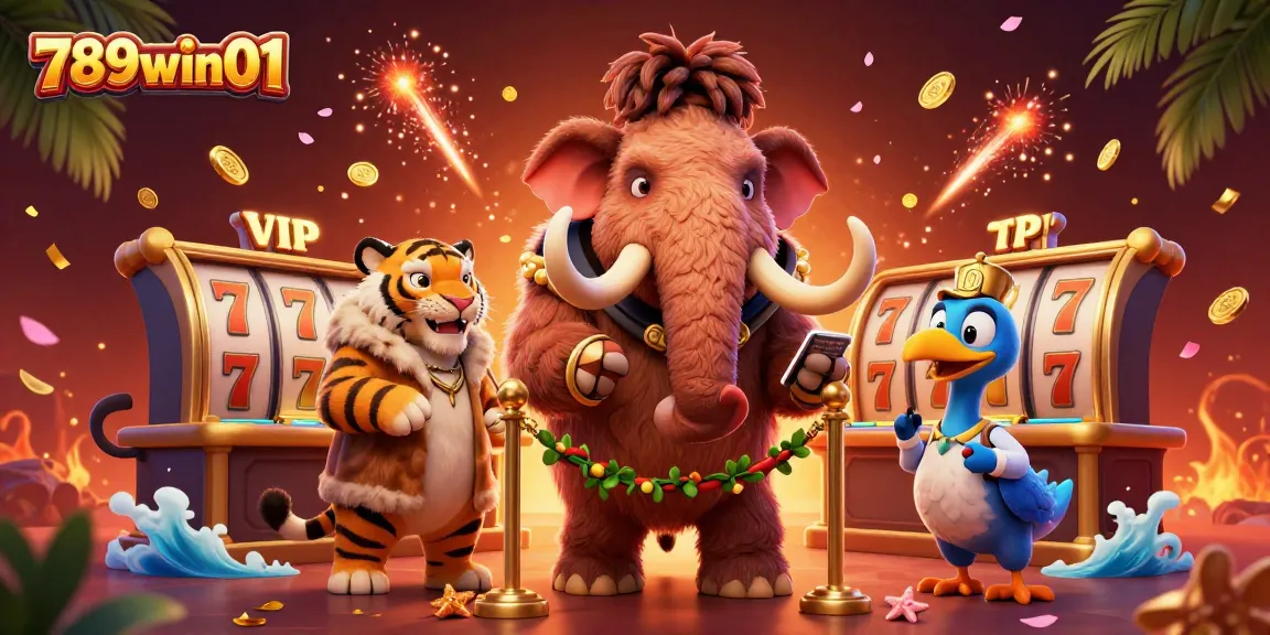 Engage in exciting 789win01 casino action with characters amidst dynamic slot games and festive elements.