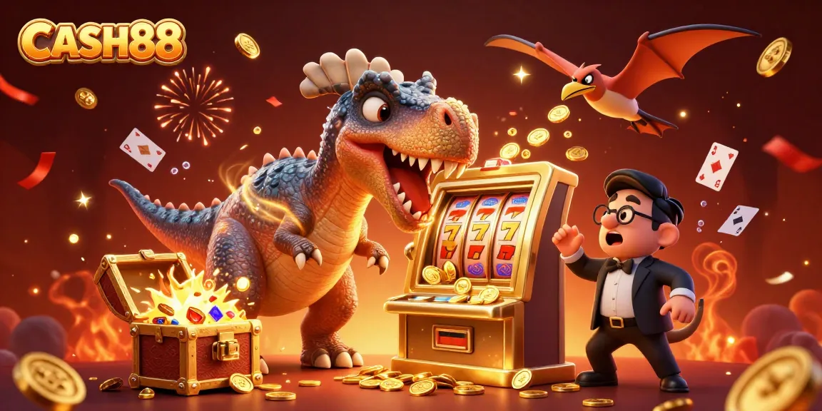CASH88 engages players with exciting slots, featuring a dino hitting a jackpot while a manager and pteranodon catch coins.