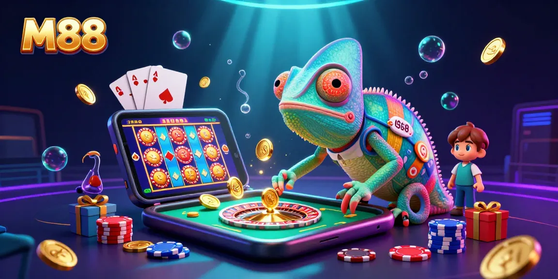 M88 chameleon casino owner captures golden coins while overseeing vibrant gambling elements in an engaging 3D illustration.