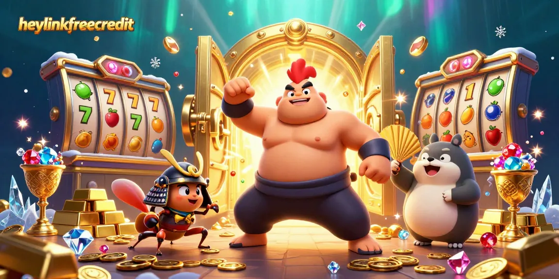 Engage with heylinkfreecredit as a sumo rooster stomps amid a vibrant casino scene full of treasures.