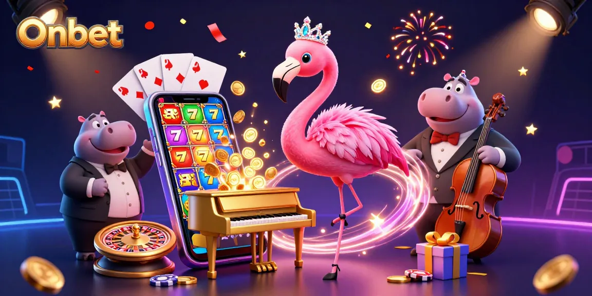 Experience thrilling gameplay with Onbet's vibrant casino atmosphere, featuring stunning illustrations of slot games and characters.