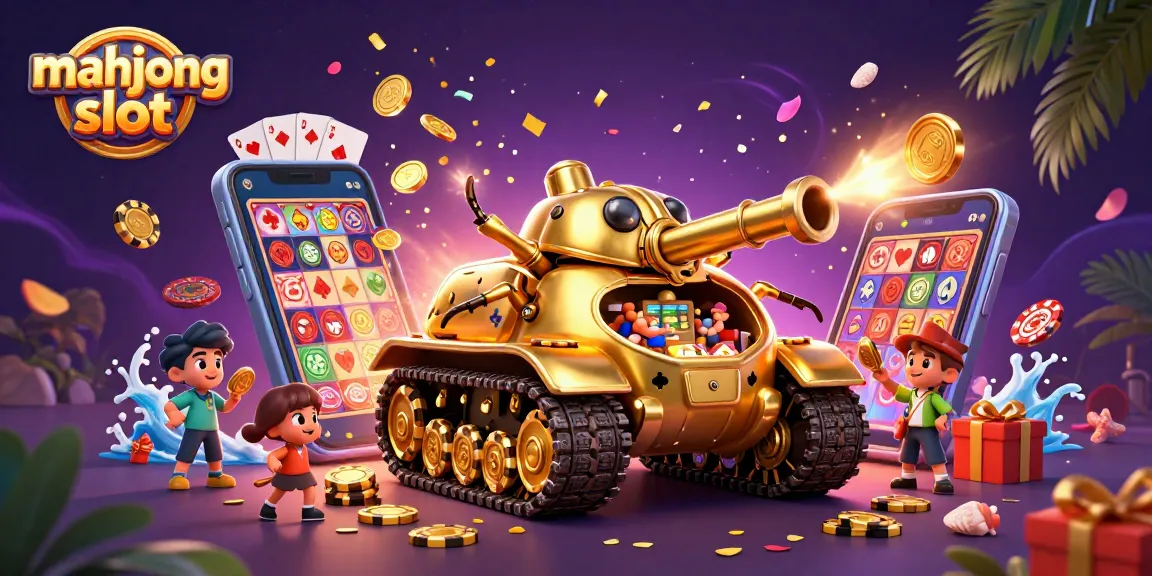 Spin the reels on mahjong slot with a golden beetle tank revealing a miniature casino.
