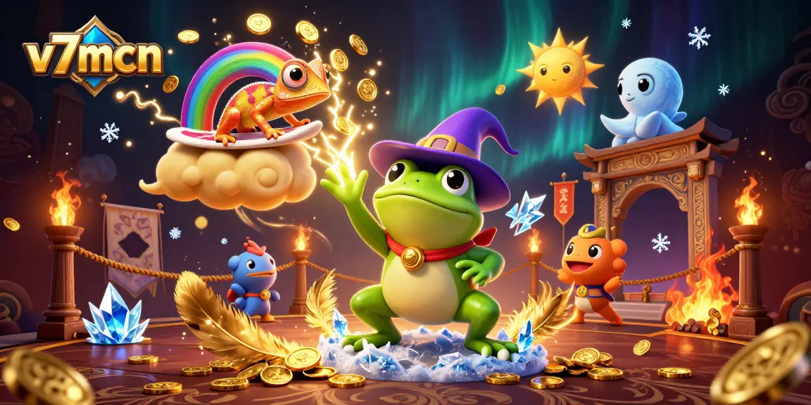 Engage with the magic of v7mcn as a frog conjures golden coins amidst vibrant gambling elements.