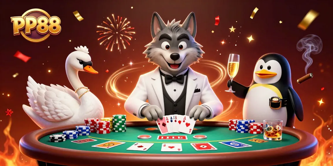 PP88 showcases vibrant casino scene featuring a cartoon wolf, swan, and penguin amidst cards and chips.