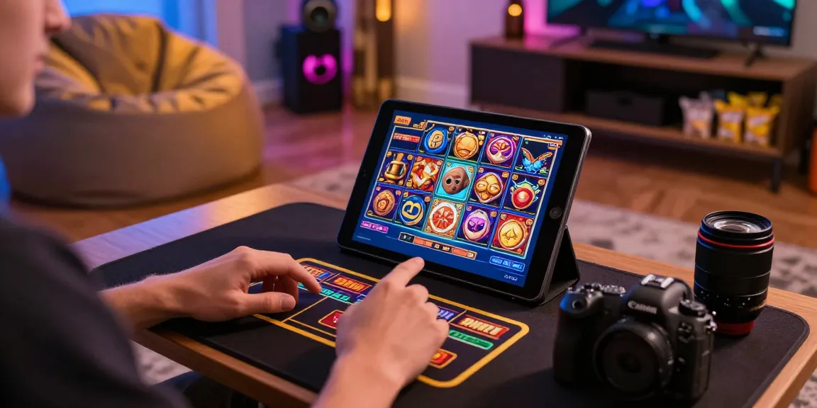 Engaging with new online casinos UK on a sleek tablet in a vibrant home gaming setup.