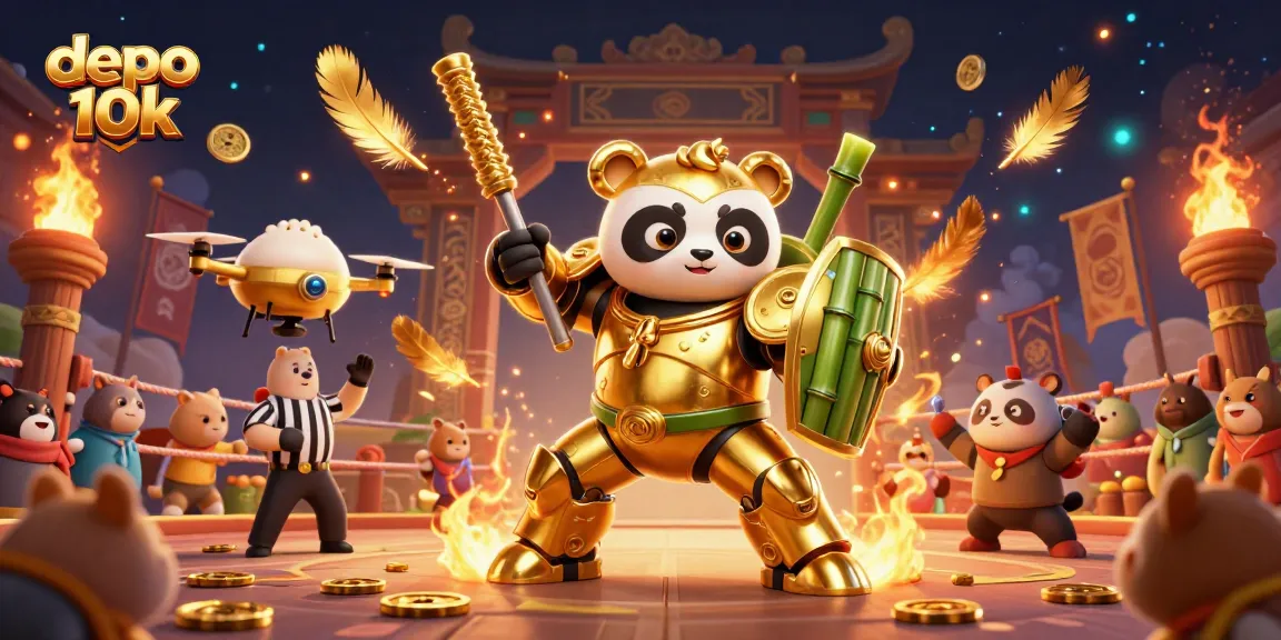 Engage with depo 10k slots, featuring a dynamic scene of a golden panda in a mech-suit amidst cheering spectators.