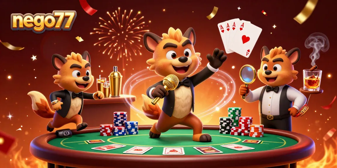 Nego77 connects players in a lively casino scene with hyenas engaging in fun games and lively entertainment.
