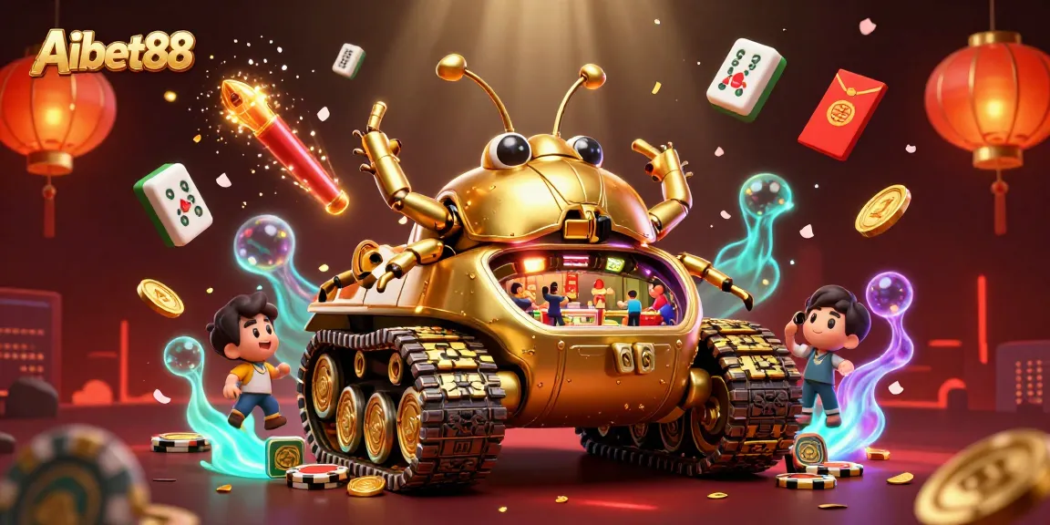 Aibet88's vibrant 3D casino scene captivates players with a whimsical golden beetle tank bursting with games and excitement.