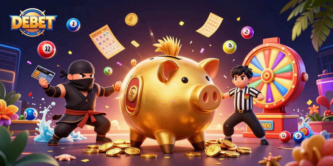 Experience DEBET's thrilling excitement with a golden piggy bank sumo wrestler winning big in a vibrant dynamic casino scene.