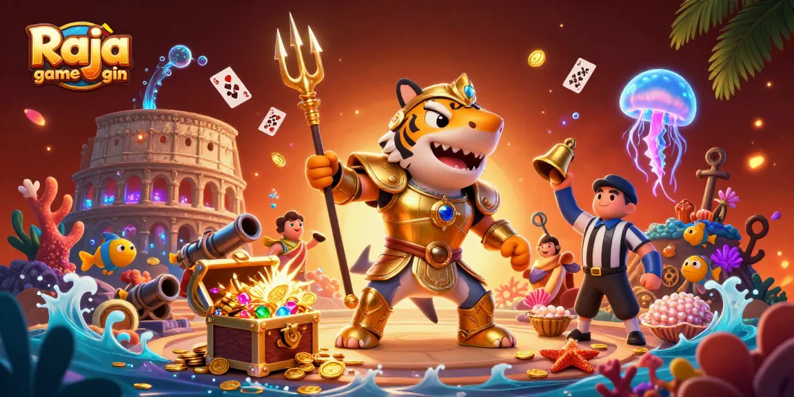Experience the thrilling Raja game login with a lively underwater casino battle illustration featuring vibrant characters and dynamic elements.