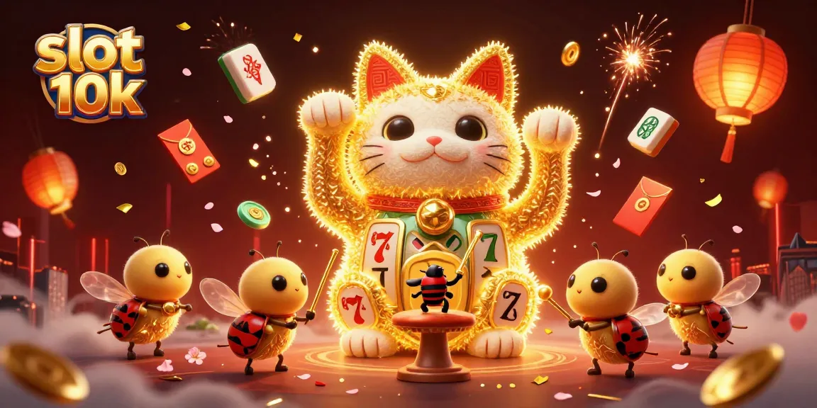 Engage with slot 10k gameplay in this vibrant, detailed 3D illustration of a lucky cat made of golden fireflies.
