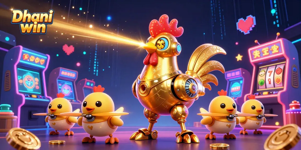 Dhani win players experiencing thrilling gameplay with a golden rooster robot and vibrant arcade elements.